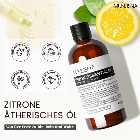 Zitronenöl 100ML, MUNUSNA Ätherisches Öl Zitrone für Frische Luft, Ätherische Öle für Diffuser Naturrein Rein, Aroma Zitrone Öl Duftöl für DIY Kerzen, Seife, Lemon Oil