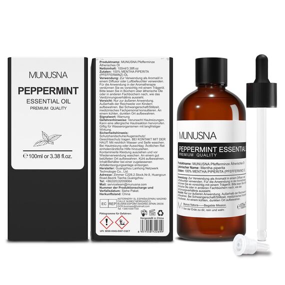 Pfefferminzöl 100ML, MUNUSNA Ätherisches Öl Pfefferminze Reines Natürlich, Sauna Aufguss, Ätherische Öle für Diffusor, Frische Luft, Duftöl für Seife, Kerzen, Peppermint Oil