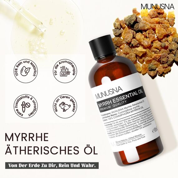 Ätherisches Öl Myrrheneöl 100ML, MUNUSNA Ätherische Öle Myrrhe Rein Naturrein für Geist Beruhigen, Duftöl für Aroma Diffuser, Raumdüfte, Seife, Kerzen, Massage, Myrrh Oil