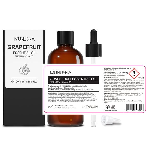 Ätherisches Öl Grapefruitöl 100ML, MUNUSNA Ätherische Öle Grapefruit Rein Naturrein für Aroma Diffuser, Duftöl für DIY Seifen, Kerzen, Duftlampe, Raumdüfte, Grapefruit Oil