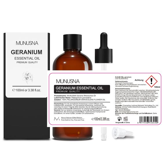 Ätherisches Öl Geranienöl 100ML, MUNUSNA Ätherische Öle Geranie für Diffuser Rein Naturrein, Geraniumöl für Hautpflege, Raumdüfte, Duftöl für DIY Seife, Kerzen, Massage, Geranium Oil