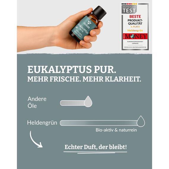 Heldengrün® BIO Eukalyptusöl [100% NATURREIN] - Natürliche Frische - Echtes Eukalyptus Öl für Aromatherapie & Kosmetik, Ätherisches Öl, Eucalyptus Oil - 2 x 30 ml