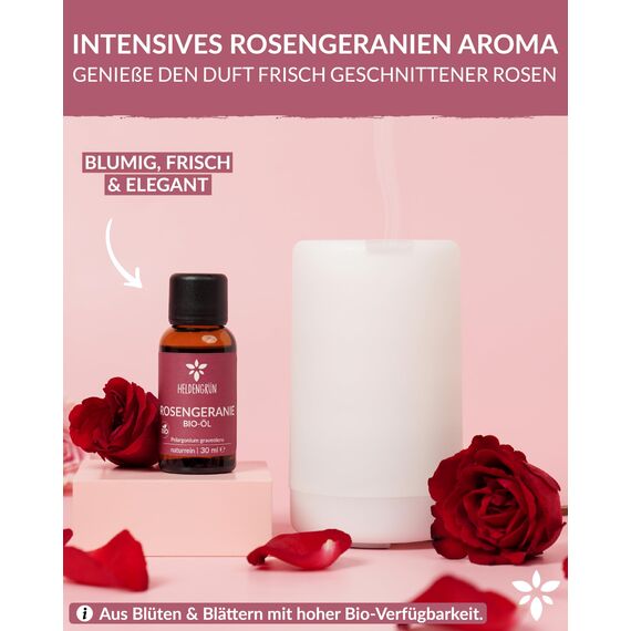Heldengrün® BIO Rosengeranienöl [100% NATURREIN] - Echter Rosenduft - Blumig & elegant - Geranienöl Bio - Ätherisches Öl Bio - Rosenöl Geranium