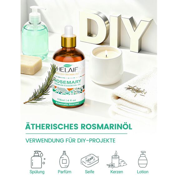 HELAIF Rosmarin Ätherisches Öl 118mL 100% Naturrein Rosmarinöl Für Haarpflege, Aromatherapie, Diffuser, Massage und DIY
