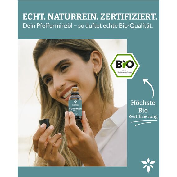 Heldengrün® BIO Pfefferminzöl [100% NATURREIN] - Reines Pfefferminzöl zum Verzehr - Frisch, belebend & klar - Minzöl aus Griechenland - Peppermint Oil - 2 x 30 ml