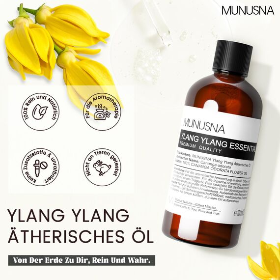 Ylang Ylang Ätherisches Öl 100ML, MUNUSNA Ätherische Öle Rein Naturrein für Diffuser, Haaröl zur Pflege von geschmeidigem Haar, Duftöl für DIY Seifen, Kerzen, Ylang Ylang Oil
