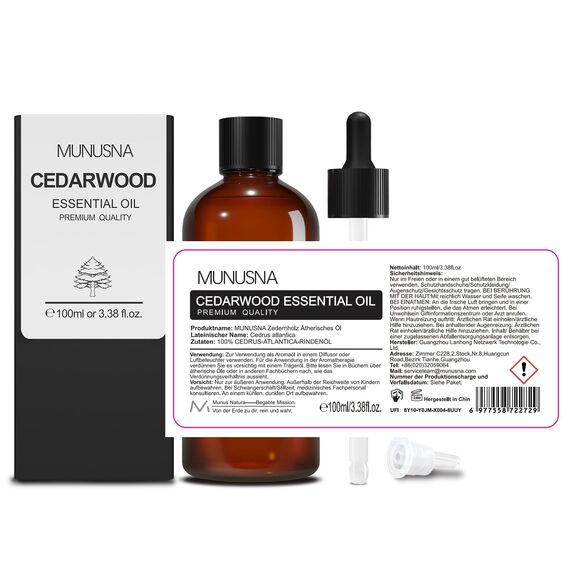 Zedernholzöl 100ML, MUNUSNA Ätherisches Öl Zedernholz Reines Natürlichs, Ätherische Öle Zeder für Glattes Haar, Duftöl Zedernöl für Diffuser, Seife, Kerzen, Cedarwood Oil