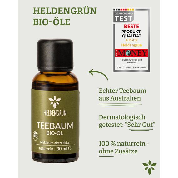 Heldengrün® BIO Teebaumöl [100% NATURREIN] Natürliche Haut- und Gesichtspflege - Tee Tree Oil - Teebaumöl Pickel unterstützt bei Unreinheiten