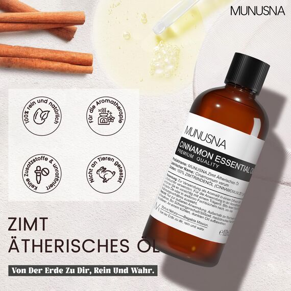 Ätherische Öle Zimtöl 100ML, MUNUSNA Ätherisches Öl Zimt Reines Natürliches für Beruhigen Sie die Stimmung, Duftöl Zimt für Aroma Diffuser, Massage, Cinnamon Oil