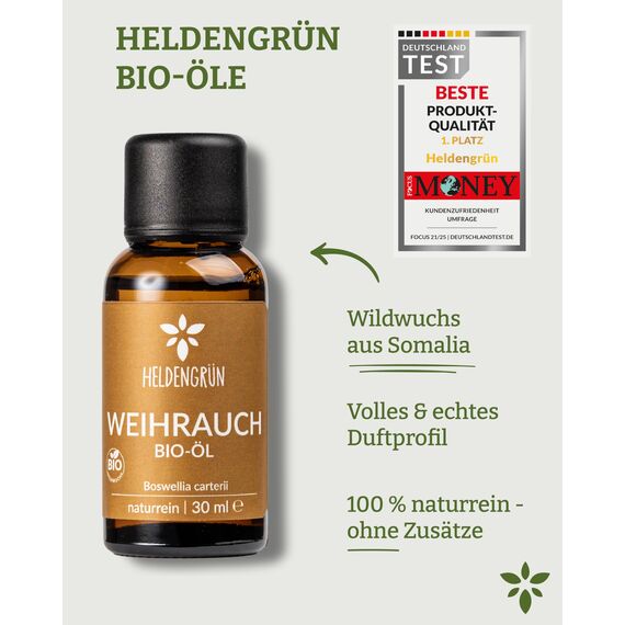Heldengrün© BIO Weihrauchöl [100% NATURREIN] - Reines Weihrauch Öl - Duftöl Weihrauch in Parfumqualität - Nachhaltiger Wildwuchs - Frankincense Oil