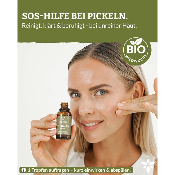 Heldengrün® BIO Teebaumöl [100% NATURREIN] Natürliche Haut- und Gesichtspflege - Tee Tree Oil - Teebaumöl Pickel unterstützt bei Unreinheiten - 2 x 30 ml