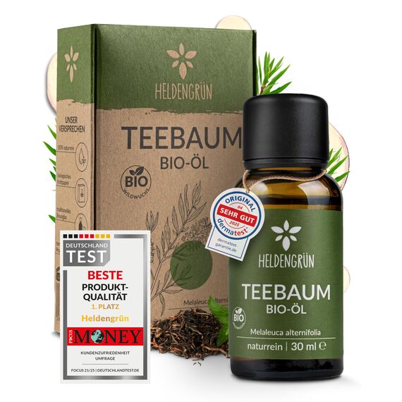 Heldengrün® BIO Teebaumöl [100% NATURREIN] Natürliche Haut- und Gesichtspflege - Tee Tree Oil - Teebaumöl Pickel unterstützt bei Unreinheiten