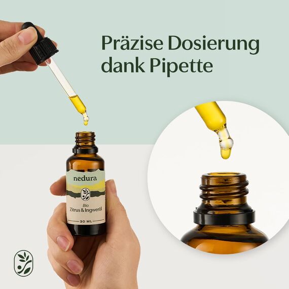 nedura® BIO Wohlfühl Duftmischung [Zitrus, Ingwer] - Erfrischendes Aroma für Entspannung und Lebenfreude [100% NATURREIN] - Ätherische Öle für Aromatherapie und Diffuser - 30ml