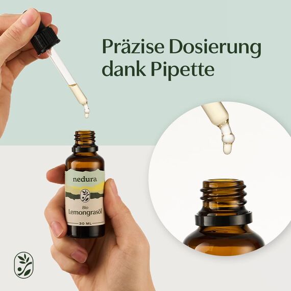 nedura® BIO Lemongras Öl [100% NATURREIN] - Belebend & Erfrischend - Echtes Zitronengrasöl - Ätherisches Öl für Aromatherapie, Diffusoren & Duftkerzen - 30ml