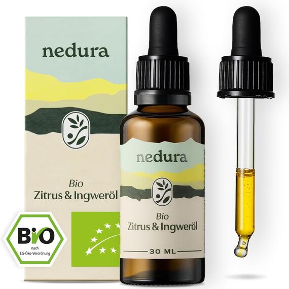 nedura® BIO Wohlfühl Duftmischung [Zitrus, Ingwer] - Erfrischendes Aroma für Entspannung und Lebenfreude [100% NATURREIN] - Ätherische Öle für Aromatherapie und Diffuser - 30ml