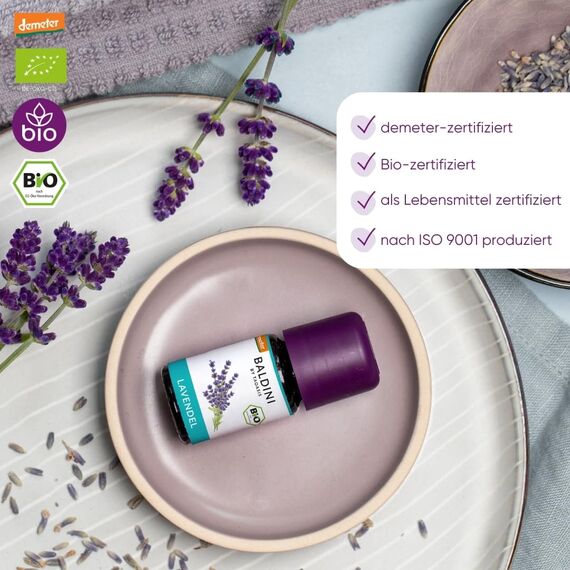 Baldini Bio Lavendelöl 5ml - 100% Naturreines Ätherisches Öl - Lebensmittelqualität - Vegan - für Speisen, Getränke & Aroma Diffuser - aus Italien
