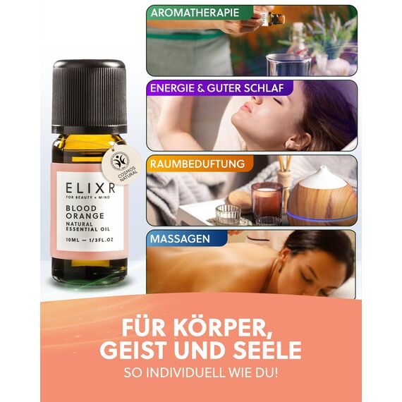ELIXR – Blutorangenöl zur Raumbeduftung, für Aromatherapie & als Massageöl – 100% naturreines ätherisches Öl aus Blutorange – zertifizierte Naturkosmetik aus Deutschland (10ml)