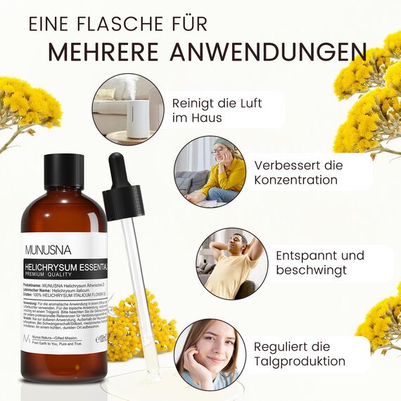 Ätherisches Helichrysum Öl 100ML, MUNUSNA Ätherische Öle Immortelle-Öl Rein Naturrein für Reparatur zu Erleichtern, Duftöl für Aroma Diffuser, DIY Aroma Seife, Kerzen, Helichrysum Oil