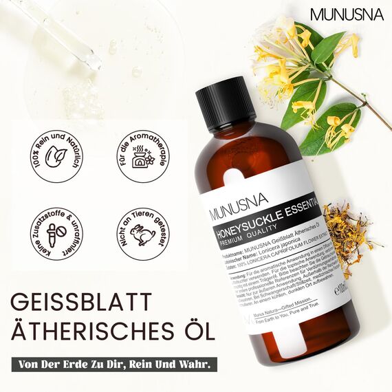 Ätherisches Öl Geißblattöl 100ML, MUNUSNA Ätherische Öle Geißblatt Rein Naturrein für Aroma Diffuser, Duftöl für DIY Seifen, Kerzen, Honeysuckle Oil