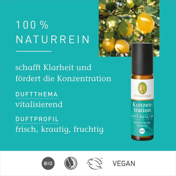 PRIMAVERA Duft Roll-On Konzentration bio 10 ml - Zitrone, Riesentanne und Salbei - Aromaöl, Duftöl, Aromatherapie für unterwegs - konzentrationsfördernd - vegan