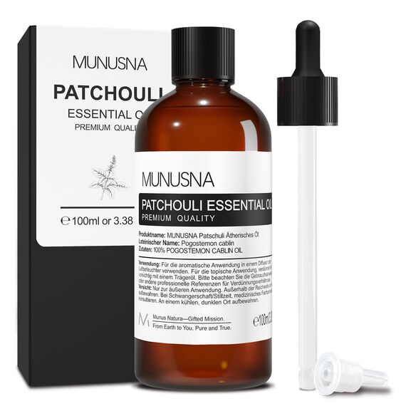 Patchouli Öl 100ML, MUNUSNA Ätherische Öle Rein Naturrein für Diffuser, Raumdüfte, Ätherisches Öl für Duft zu Verstärken, Aroma Duftöl für DIY Seife, Kerzen, Massage, Patchouli Oil