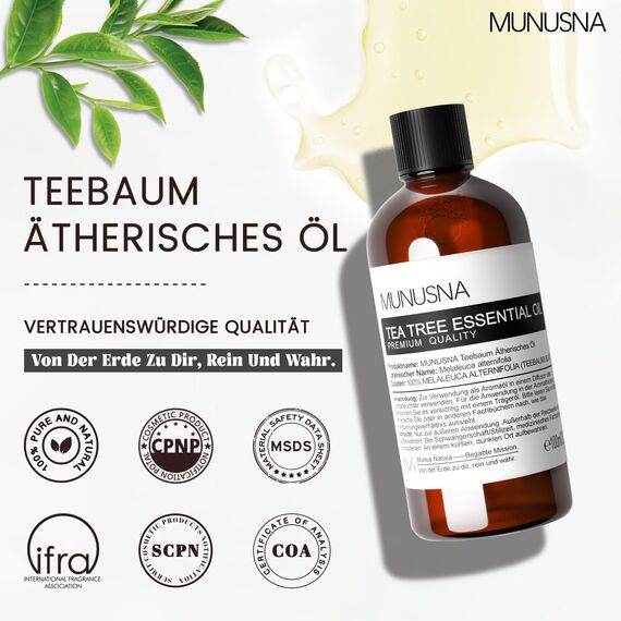 Teebaumöl 100ML, MUNUSNA Tea Tree Oil 100% Rein Naturrein für Haut, Gesicht, Haare, Nagel, Sauna Aufguss, Ätherisches Öl Teebaum für Diffuser, Duftöl Teebaum Öl für DIY Seife, Massage