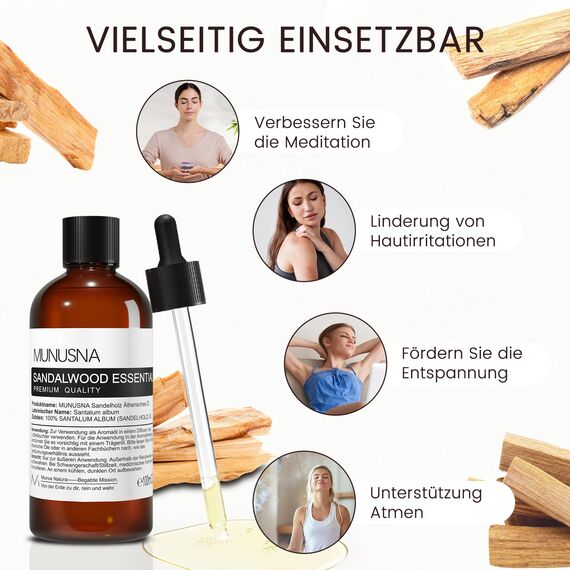 Ätherische Öle Sandelholzöl 100ML, MUNUSNA Ätherisches Öl Sandelholz Reines für Entspannte Stimmung, Sauna Aufguss, Duftöl Sandelöl für Diffuser, Seife, Kerzen, Sandalwood Oil