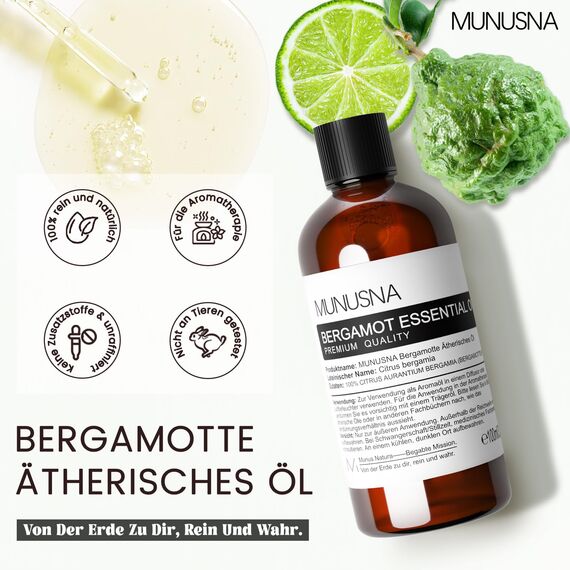 Bergamotteöl Ätherische Öle 100ML, MUNUSNA Bergamotte Ätherisches Öl Reines Natürliches für Fröhliche Stimmung, Duftöl für Aroma Diffuser, DIY Seife, Kerzen, Bergamot Oil