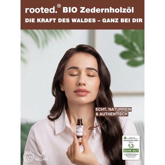 rooted.® BIO Zedernholzöl 10ml [100% NATURREIN] - Echtes Zedernholz - Cedrus atlantica - Ätherisches Öl für Aromatherapie, Duftlampe, Diffusoren, Raumduft, Duftkerzen und -Seifen
