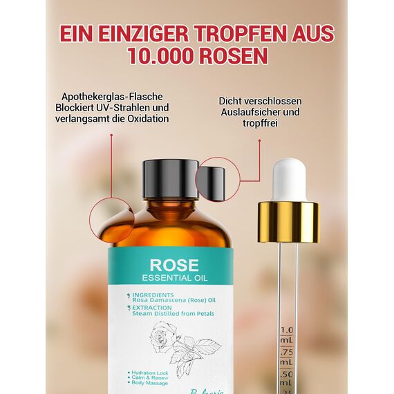 ENYORLI Ätherisches Rosenöl 100% Naturreine Ätherische Öle Rose100ml Für Hautpflege, Aromatherapie, Diffuser, DIY Seifen & Kerzen - Mit Messpipette
