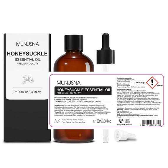 Ätherisches Öl Geißblattöl 100ML, MUNUSNA Ätherische Öle Geißblatt Rein Naturrein für Aroma Diffuser, Duftöl für DIY Seifen, Kerzen, Honeysuckle Oil