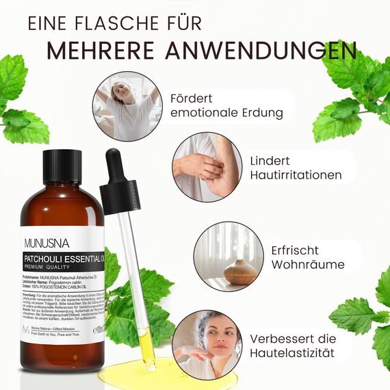 Patchouli Öl 100ML, MUNUSNA Ätherische Öle Rein Naturrein für Diffuser, Raumdüfte, Ätherisches Öl für Duft zu Verstärken, Aroma Duftöl für DIY Seife, Kerzen, Massage, Patchouli Oil