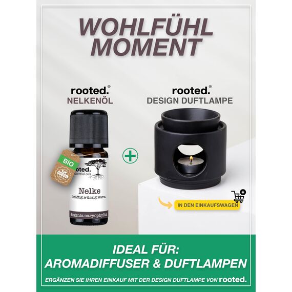 rooted.® Bio Nelkenöl 10ml [100% NATURREIN] - Echte Gewürznelke - Eugenia Caryophyllus - Ätherisches Öl für Aromatherapie, Duftlampe, Diffusoren, Raumduft, Duftkerzen und -Seifen