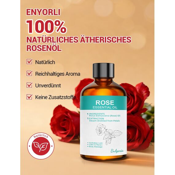 ENYORLI Ätherisches Rosenöl 100% Naturreine Ätherische Öle Rose100ml Für Hautpflege, Aromatherapie, Diffuser, DIY Seifen & Kerzen - Mit Messpipette