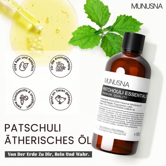Patchouli Öl 100ML, MUNUSNA Ätherische Öle Rein Naturrein für Diffuser, Raumdüfte, Ätherisches Öl für Duft zu Verstärken, Aroma Duftöl für DIY Seife, Kerzen, Massage, Patchouli Oil