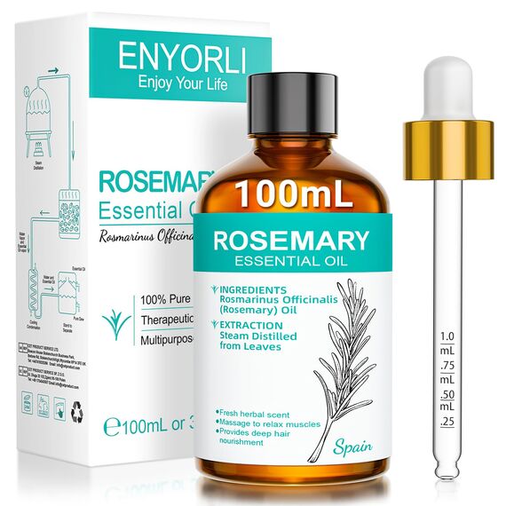 ENYORLI Rosmarinöl 100mL 100% Naturrein Dampfdestilliert für Haarwuchspflege, Hautpflege, Aromatherapie, Massage & Duftkerzen, Mit Pipette