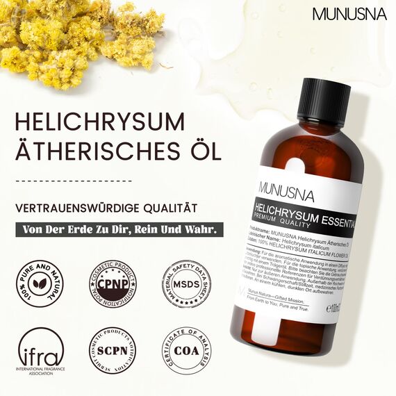 Ätherisches Helichrysum Öl 100ML, MUNUSNA Ätherische Öle Immortelle-Öl Rein Naturrein für Reparatur zu Erleichtern, Duftöl für Aroma Diffuser, DIY Aroma Seife, Kerzen, Helichrysum Oil