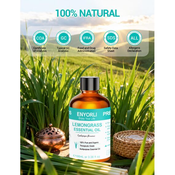 ENYORLI Zitronengrasöl Ätherisches Öl 100ml, Ätherische Öle Zitronengras 100% Naturrein Duftöl für Diffuser, Luftbefeuchter, Aromatherapie, Entspannen, Erfrischend, Hautpflege