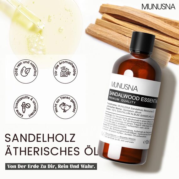 Ätherische Öle Sandelholzöl 100ML, MUNUSNA Ätherisches Öl Sandelholz Reines für Entspannte Stimmung, Sauna Aufguss, Duftöl Sandelöl für Diffuser, Seife, Kerzen, Sandalwood Oil