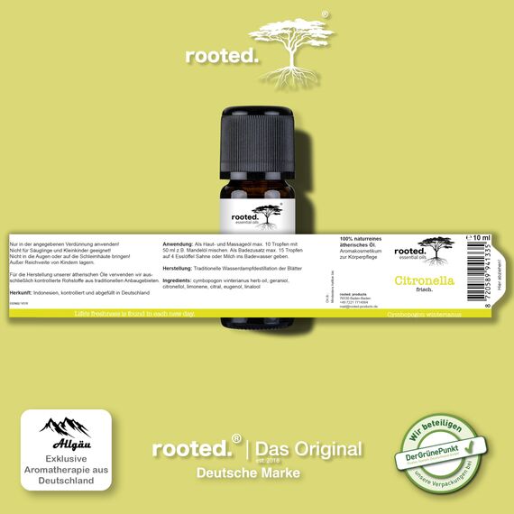 rooted.® BIO Citronellaöl 10ml [100% NATURREIN] - Cymbopogon winterianus - Ätherisches Öl für Aromatherapie, Duftlampe, Diffusoren, Raumduft, Duftkerzen und -Seifen (10ml)