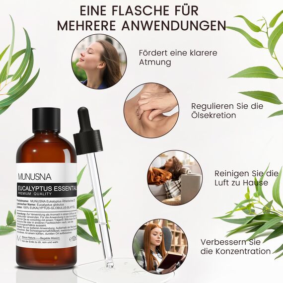 Eukalyptusöl 100ML, MUNUSNA Ätherisches Öl Eukalyptus für Diffuser, Ätherische Öle Rein Naturrein, Heben Sie Ihre Stimmung, Sauna Aufguss, Duftöl für Seife, Kerzen, Massage, Eucalyptus Oil
