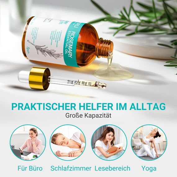 ENYORLI Rosmarinöl 100mL 100% Naturrein Dampfdestilliert für Haarwuchspflege, Hautpflege, Aromatherapie, Massage & Duftkerzen, Mit Pipette