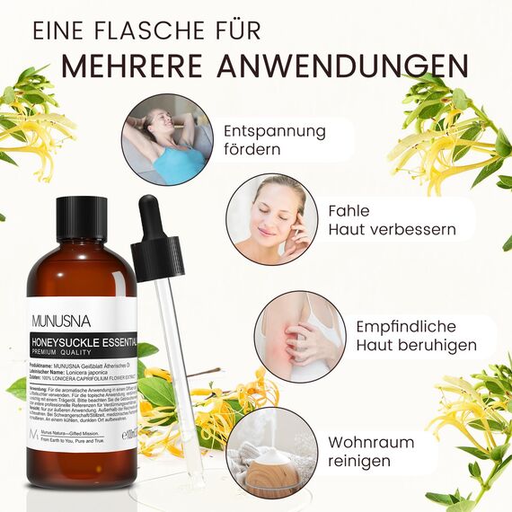 Ätherisches Öl Geißblattöl 100ML, MUNUSNA Ätherische Öle Geißblatt Rein Naturrein für Aroma Diffuser, Duftöl für DIY Seifen, Kerzen, Honeysuckle Oil