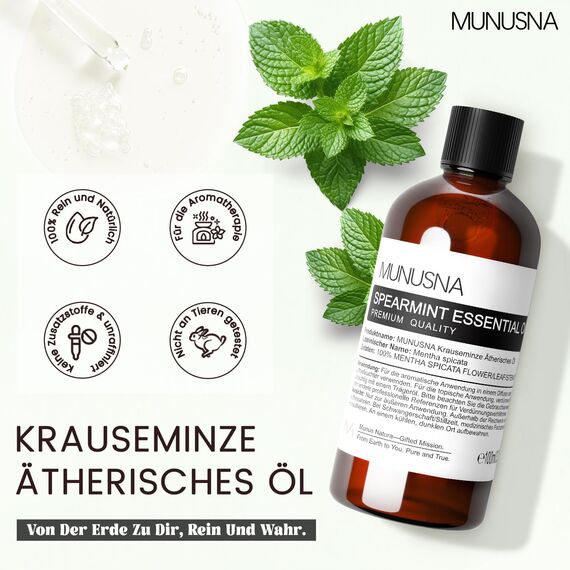 Ätherisches Öl Grünes Minzöl 100ML, MUNUSNA Ätherische Öle Spearmintöl Rein Naturrein für Geist Beruhigen, Duftöl Krauseminze für Aroma Diffuser, Raumdüfte, Spearmint Oil