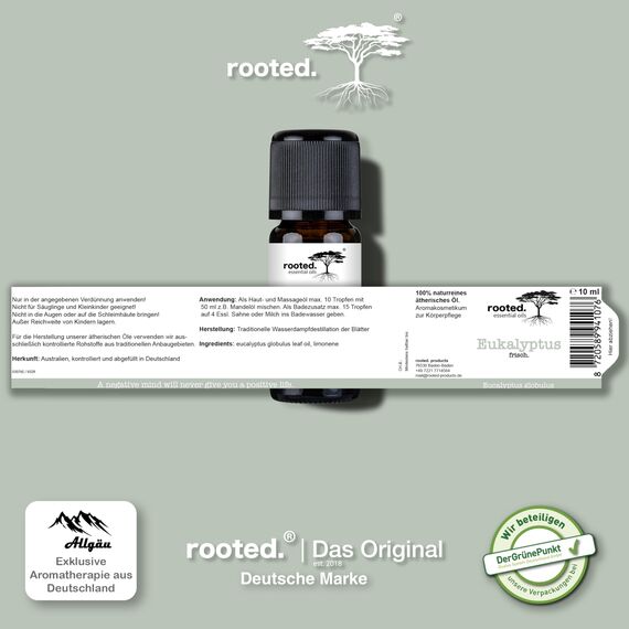 rooted.® BIO Eukalyptusöl 10ml [100% NATURREIN] - Echter Eukalyptus - Eucalyptus globulus für Aromatherapie, Duftlampe, Diffusoren, Raumduft, Duftkerzen und -Seifen