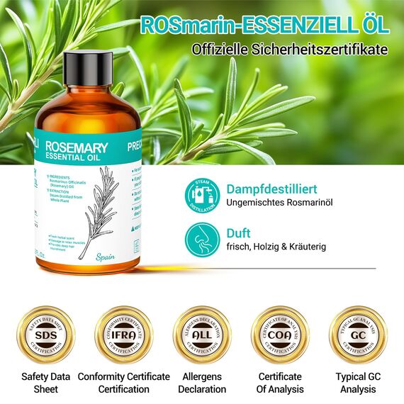 ENYORLI Rosmarinöl 100mL 100% Naturrein Dampfdestilliert für Haarwuchspflege, Hautpflege, Aromatherapie, Massage & Duftkerzen, Mit Pipette