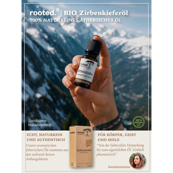 rooted.® BIO Zirbenöl 10ml [100% NATURREIN] - Echter Tiroler Zirbelkiefer - Pinus cembra - Ätherisches Zirbenkieferöl für Aromatherapie, Duftlampe, Diffusoren, Raumduft, Duftkerzen und -Seifen