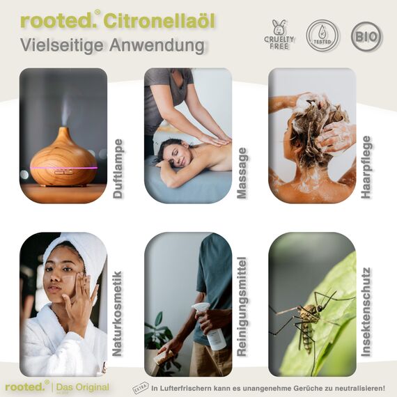 rooted.® BIO Citronellaöl 10ml [100% NATURREIN] - Cymbopogon winterianus - Ätherisches Öl für Aromatherapie, Duftlampe, Diffusoren, Raumduft, Duftkerzen und -Seifen (10ml)