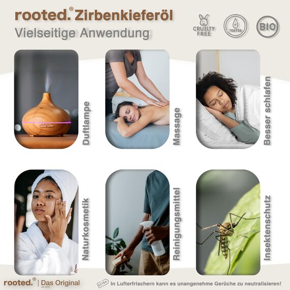 rooted.® BIO Zirbenöl 10ml [100% NATURREIN] - Echter Tiroler Zirbelkiefer - Pinus cembra - Ätherisches Zirbenkieferöl für Aromatherapie, Duftlampe, Diffusoren, Raumduft, Duftkerzen und -Seifen