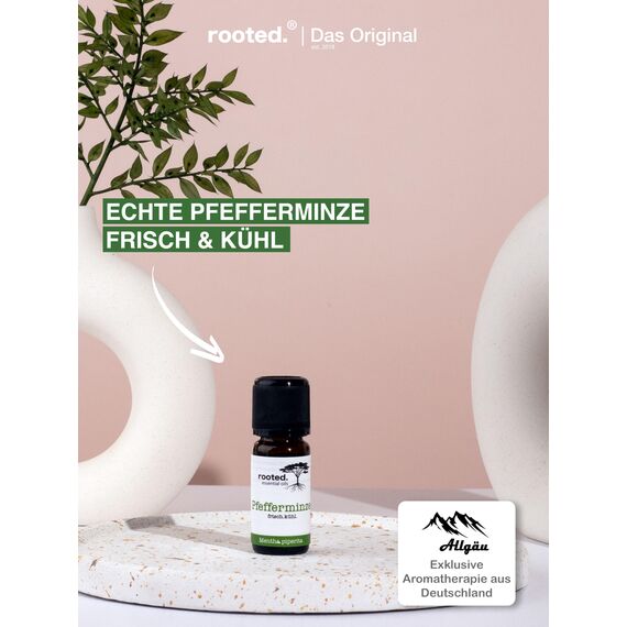 rooted.® BIO Pfefferminzöl 10ml [100% NATURREIN] - Echte Pfefferminze - Mentha piperita - Ätherisches Öl für Aromatherapie, Duftlampe, Diffusoren, Raumduft, Duftkerzen und -Seifen